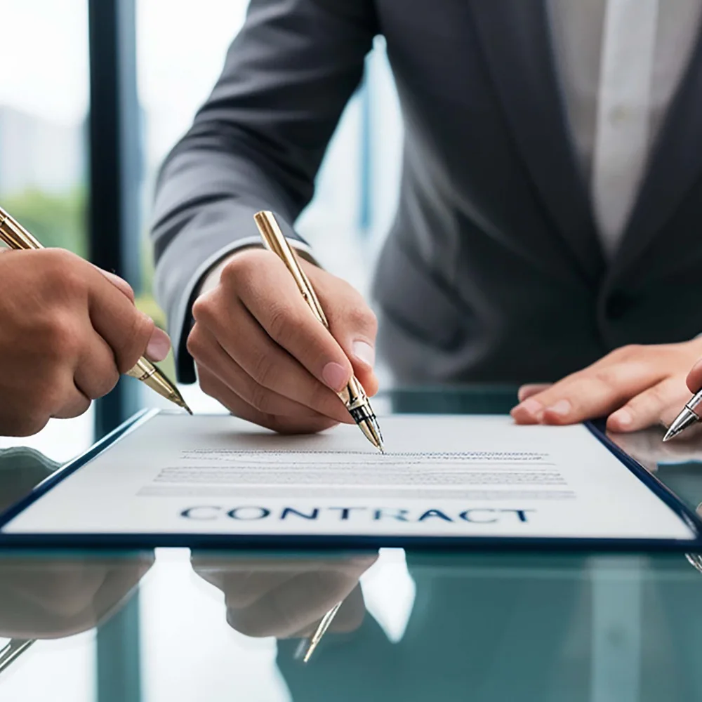 Business professionals reviewing and signing a contract together