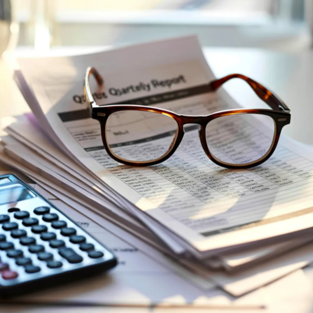 Close-up of financial reports, glasses, and calculator on a desk