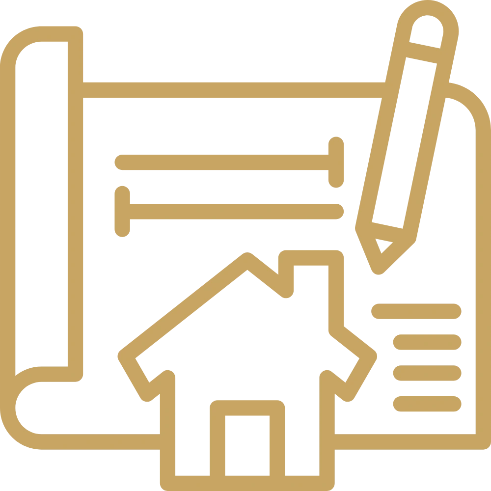 Strategic real estate asset roadmap icon with house and blueprint