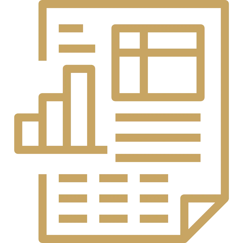 Real estate underwriting and financial analysis icon with charts and documents