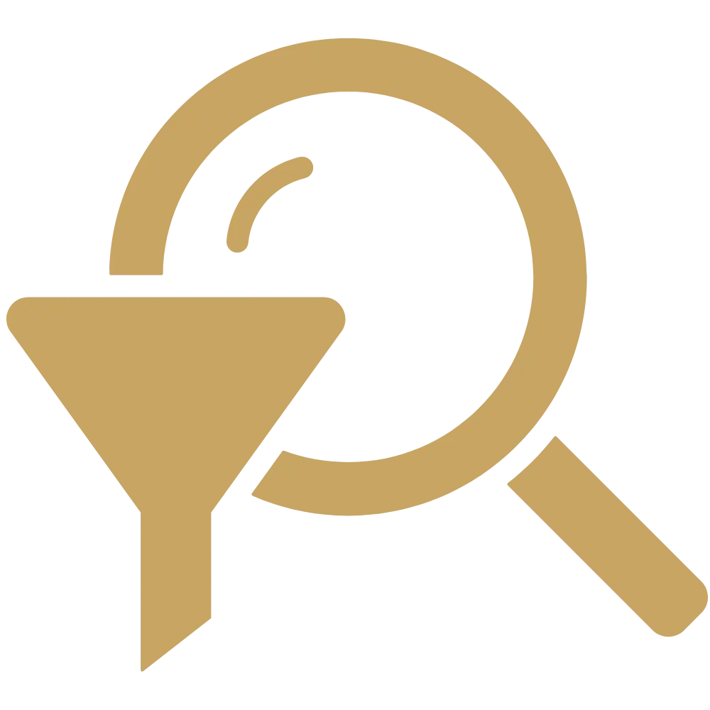 Gold magnifying glass and filter icon representing market research and due diligence — Lions Financial