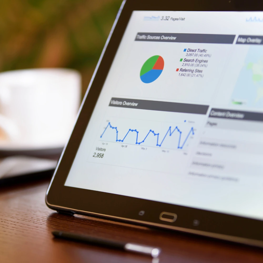 Tablet displaying analytics dashboard with charts used for portfolio performance tracking.