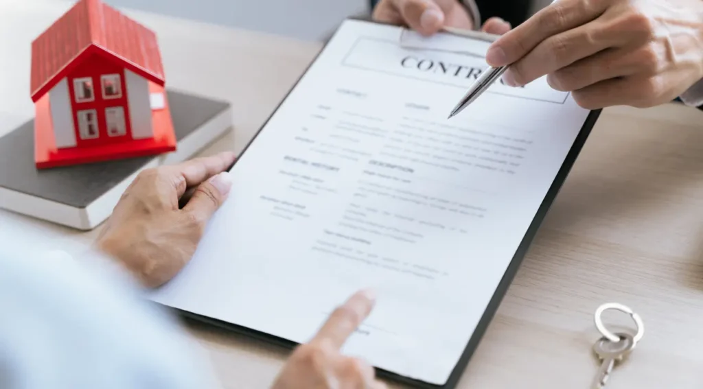 Client reviewing and signing real estate sale contract with miniature house model, illustrating sell-side representation services