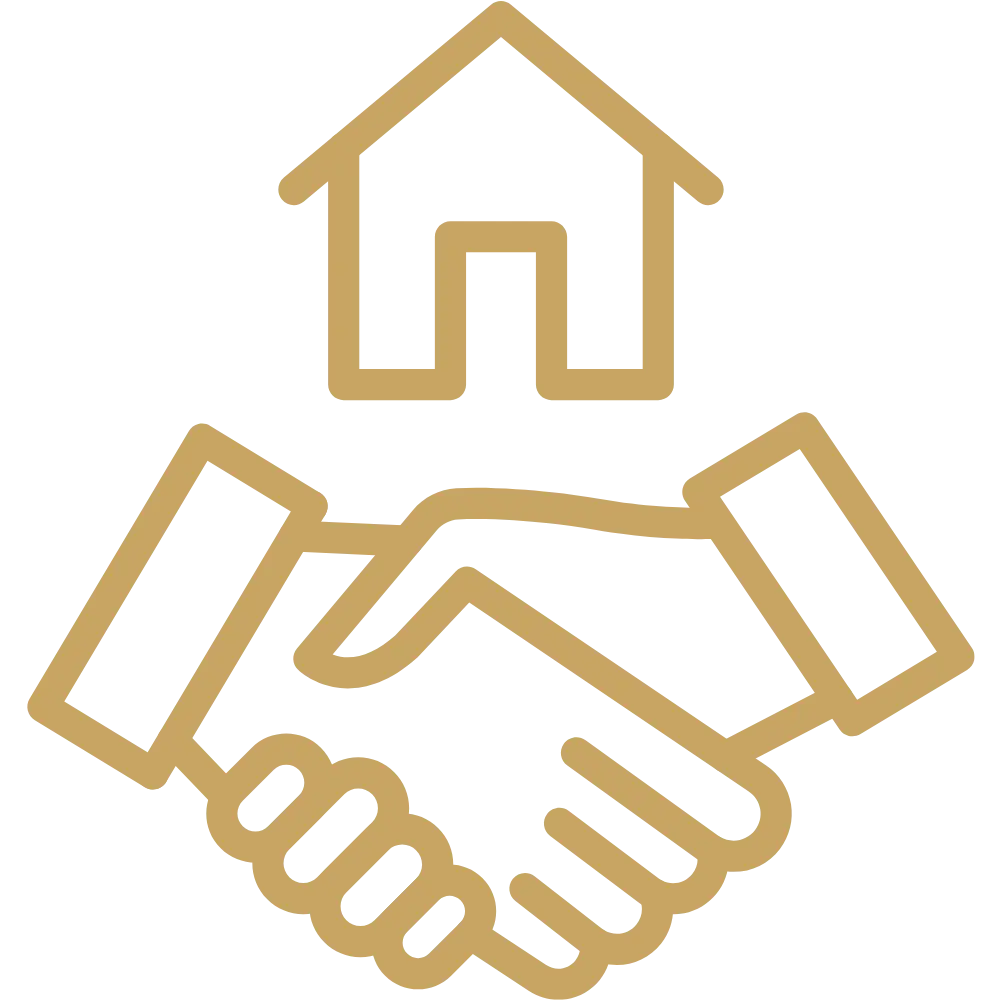 Real estate buyer management icon with handshake and property