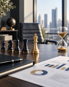Executive leadership strategy concept with chess pieces, hourglass and financial charts representing retirement planning and business continuity.