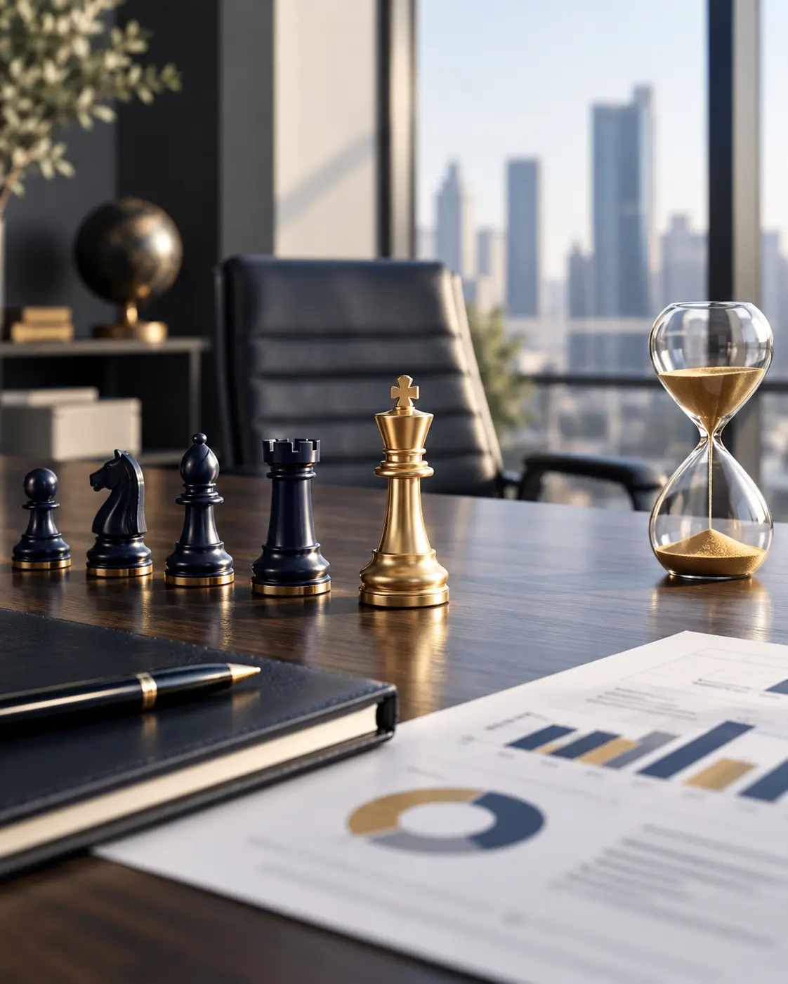 Executive leadership strategy concept with chess pieces, hourglass and financial charts representing retirement planning and business continuity.